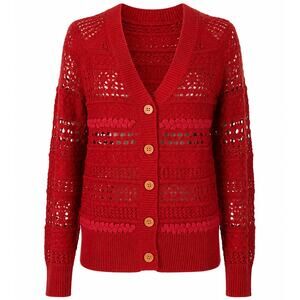 Sundance Catalog Red Pointelle Open Weave Crochet Wood Button Cardigan Sweater